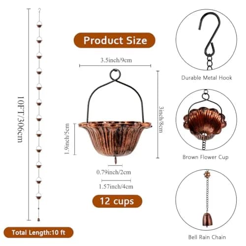 giole Lotus Rain Chain 3.05m (10ft) with 12 Cups & Bell | Decorative Downspout Alternative for Indian Homes thumbnail 2