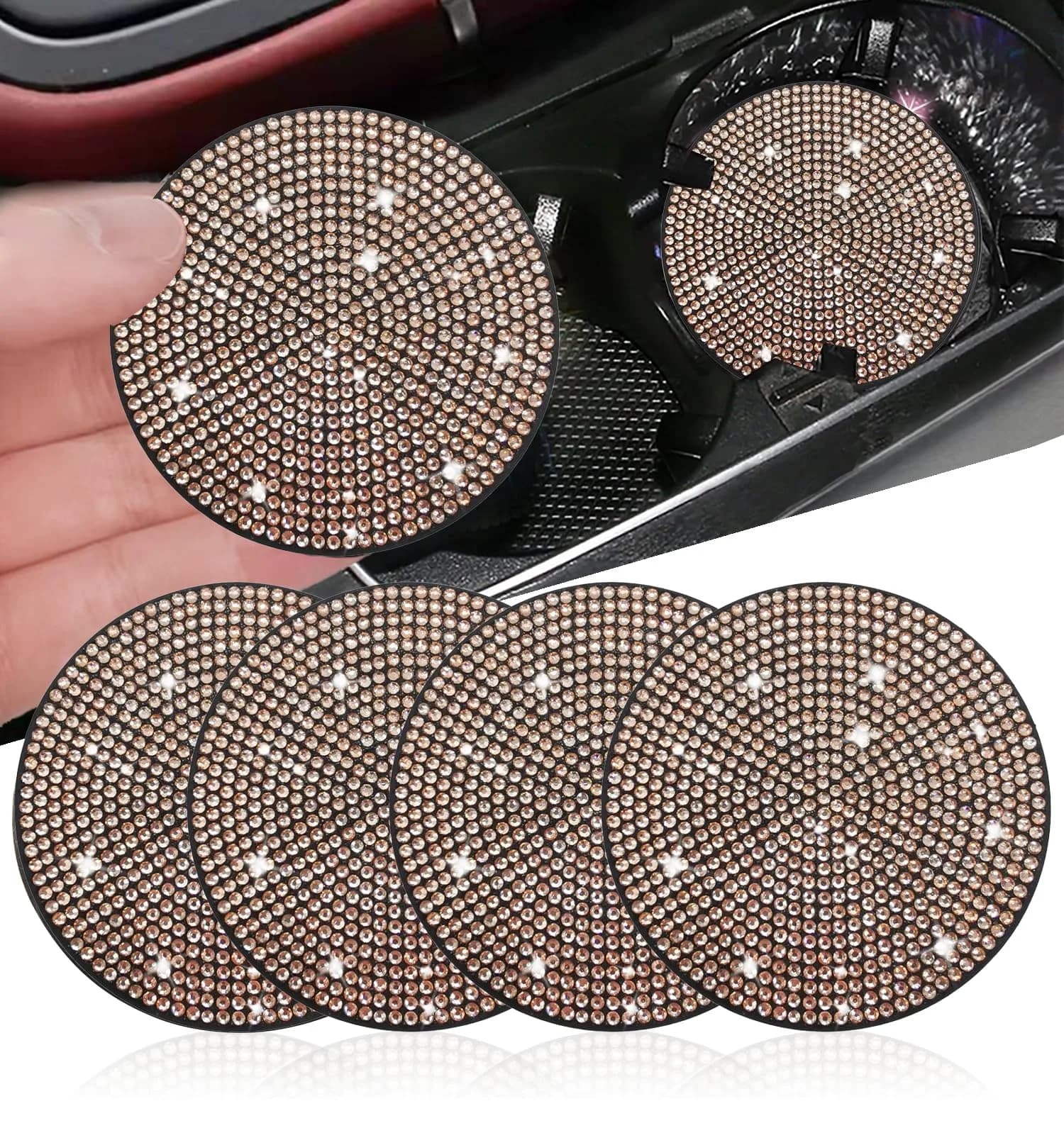 NBTEPEM Bling Car Cup Holder Coasters 2.75 inch (4 pcs, Champagne) | Sparkle & Protect Your Car Interior - main product image