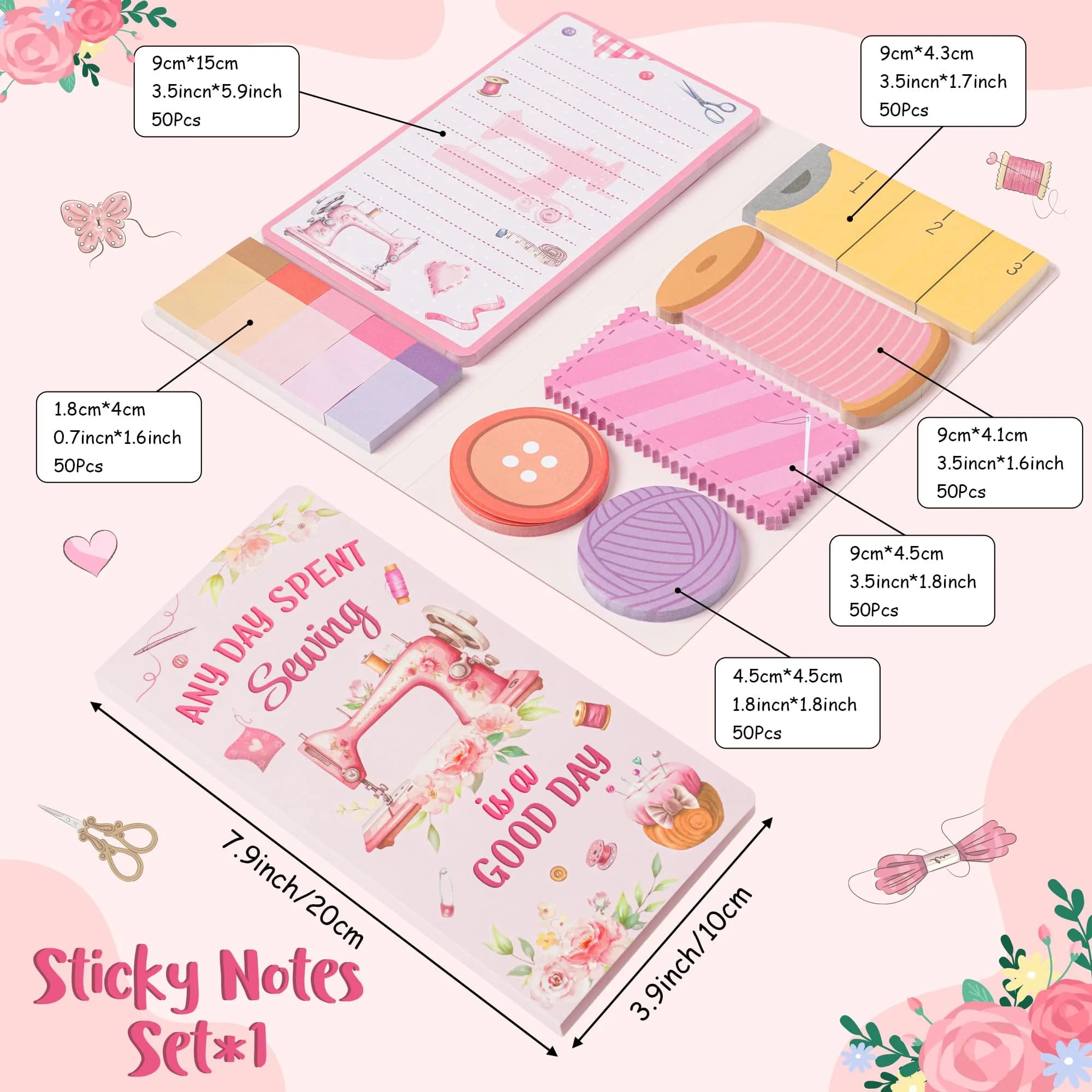 Xqumoi Retro Sewing Sticky Notes Set - Any Day Spent Sewing is A Good Day, Pink (550 Sheets) - view 2