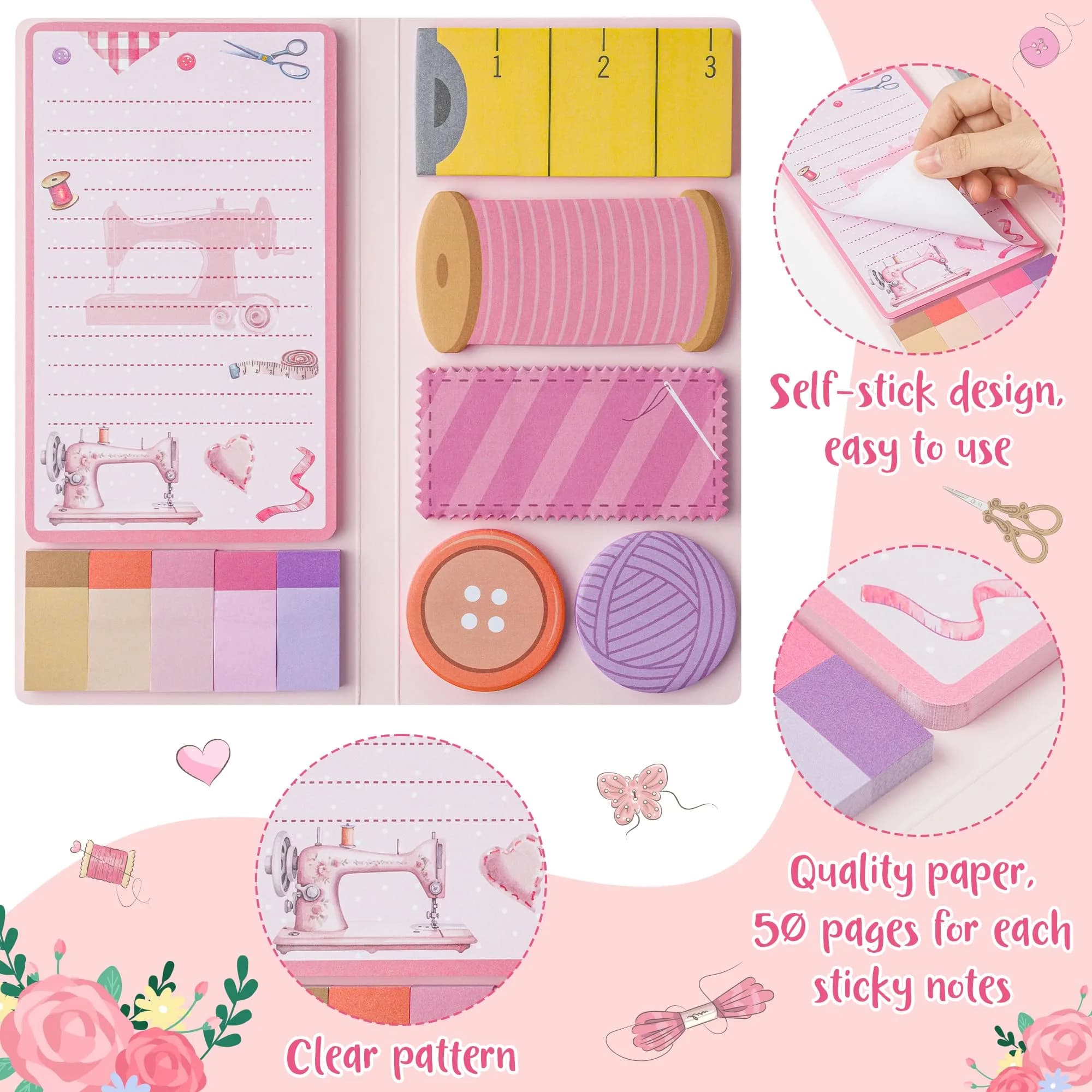 Xqumoi Retro Sewing Sticky Notes Set - Any Day Spent Sewing is A Good Day, Pink (550 Sheets) - view 3