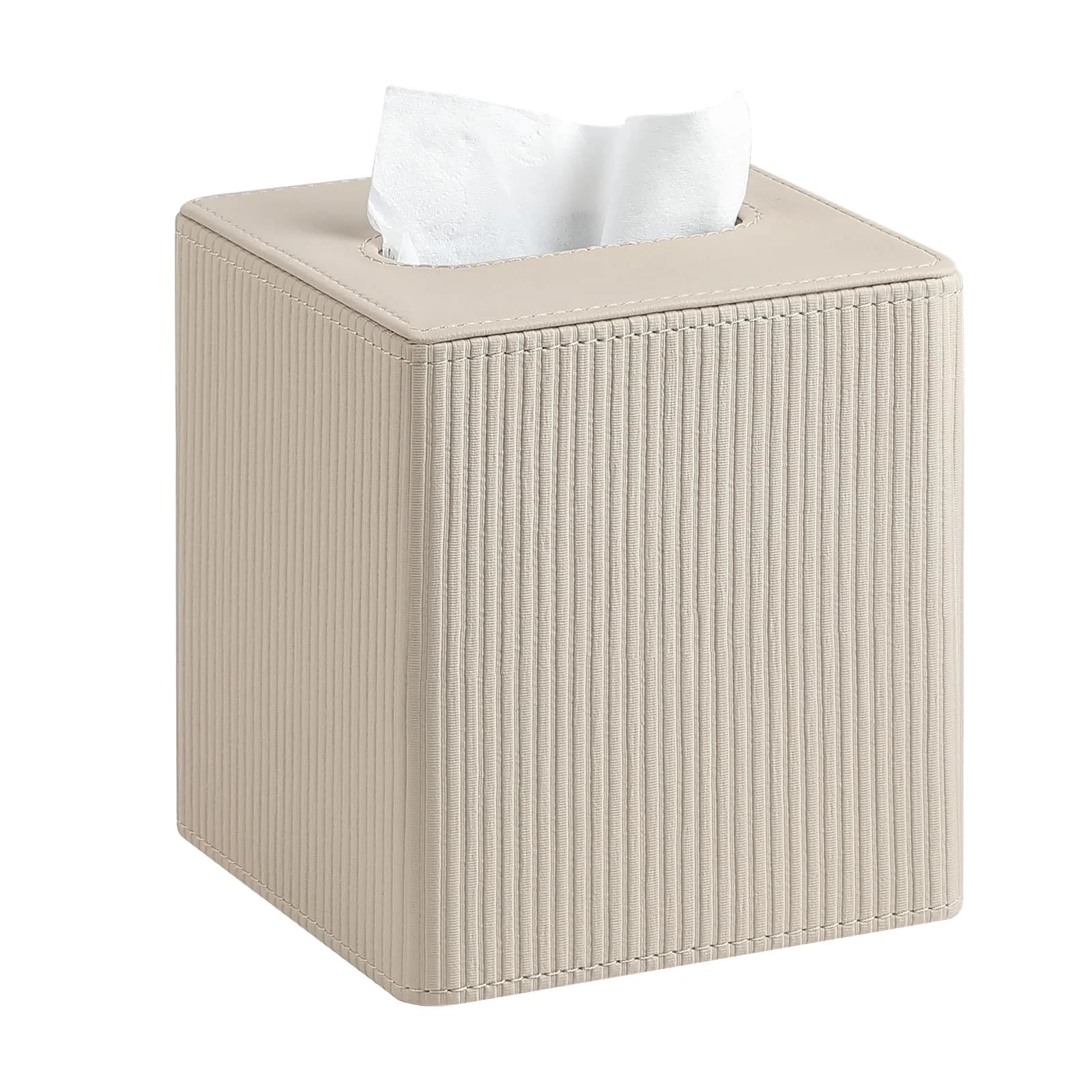 Cretkhp PU Leather Square Tissue Box Cover Green | Modern Decorative Holder for Bathroom, Office, Desk — Beige