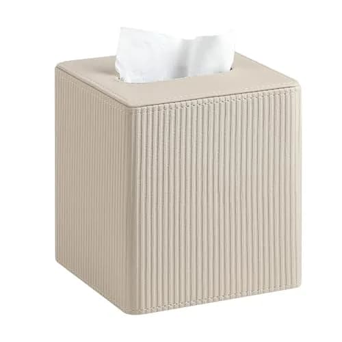 Cretkhp PU Leather Square Tissue Box Cover Beige | Modern Magnetic Closure for Bathrooms & Desks thumbnail 1