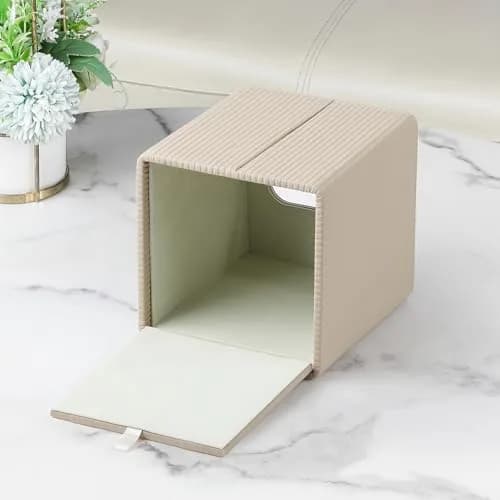 Cretkhp PU Leather Square Tissue Box Cover Beige | Modern Magnetic Closure for Bathrooms & Desks thumbnail 3