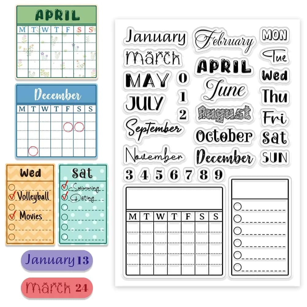 CHGCRAFT Month Week Calendar Clear Stamp 6.3x4.33inch | Durable Silicone DIY Craft Tool - main product image
