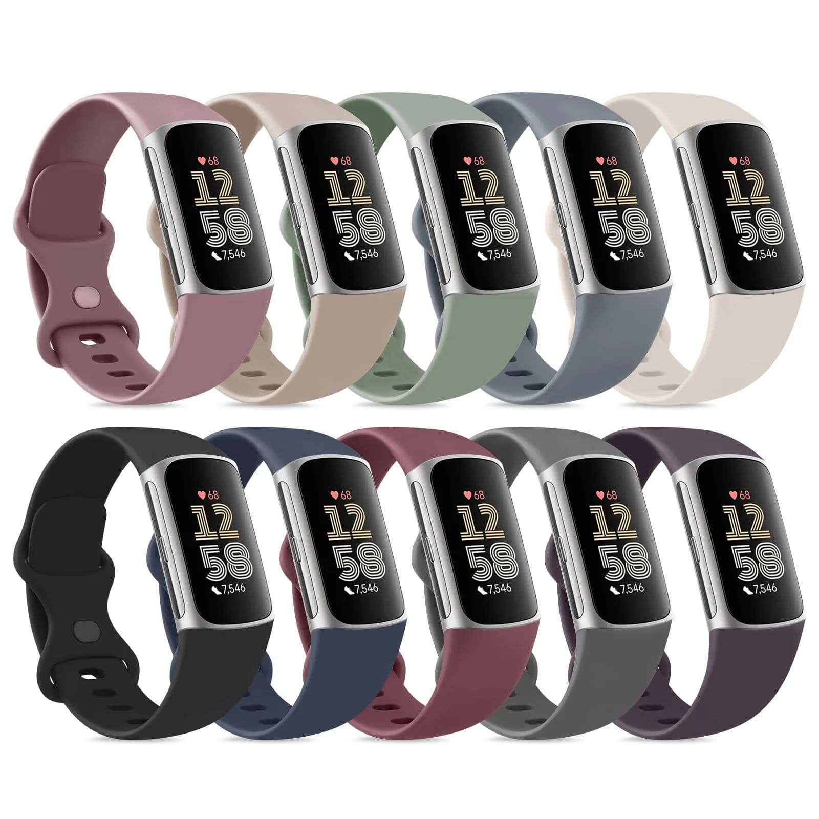 Vancle 10 Pack Fitbit Charge 6 / 5 Bands | Soft Silicone Waterproof Straps for Women Men - main product image