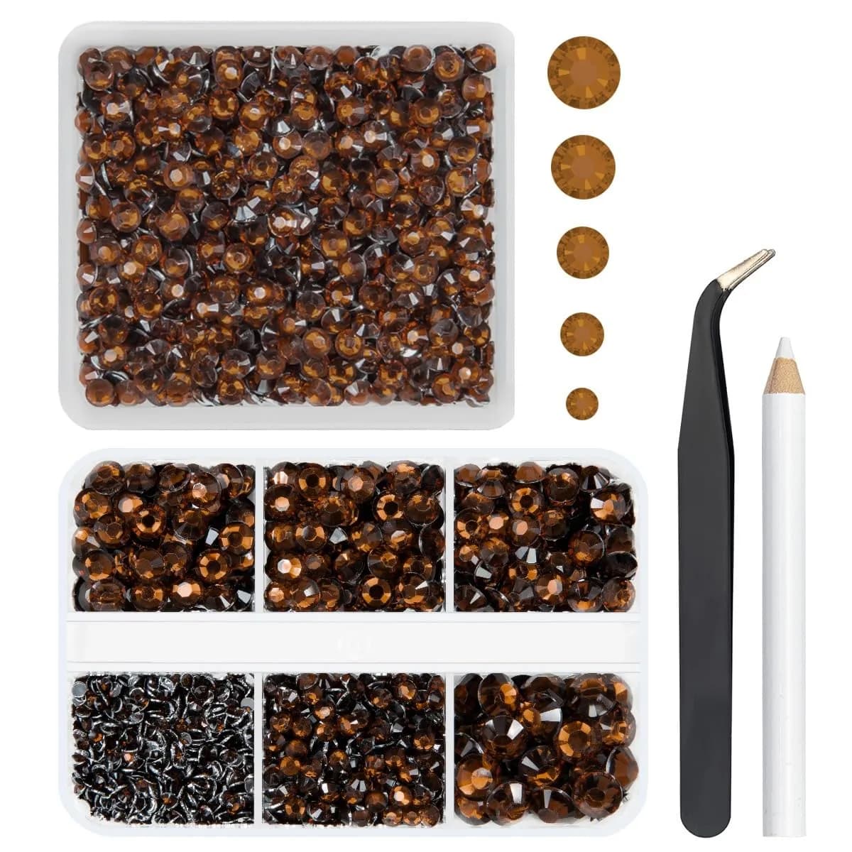 qiipii 3060PCS Silver Resin Rhinestones for Crafting 2mm 3mm 4mm 5mm 6mm | No-Hotfix Gems for Nails & DIY — Brown / Crystal