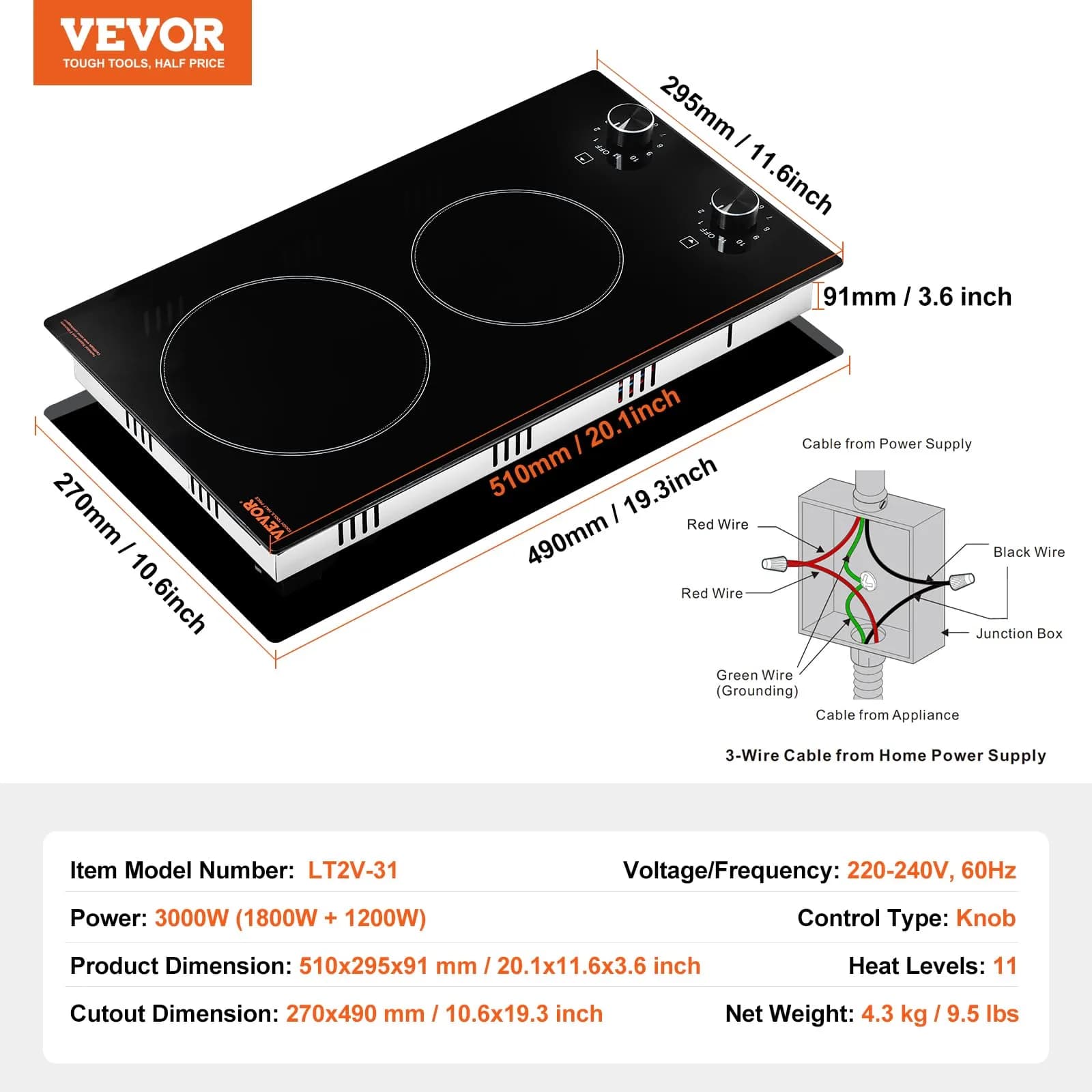 VEVOR 12-inch Built-in Electric Ceramic Cooktop 3000W | 220V Compatible with 11 Heat Levels - view 7