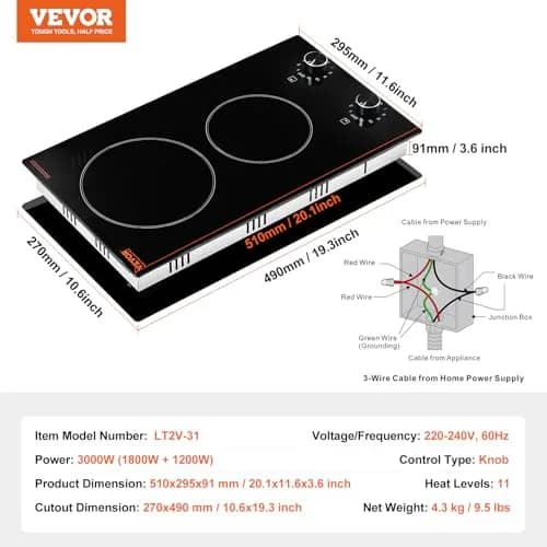 VEVOR 12-inch Built-in Electric Ceramic Cooktop 3000W | 220V Compatible with 11 Heat Levels thumbnail 7