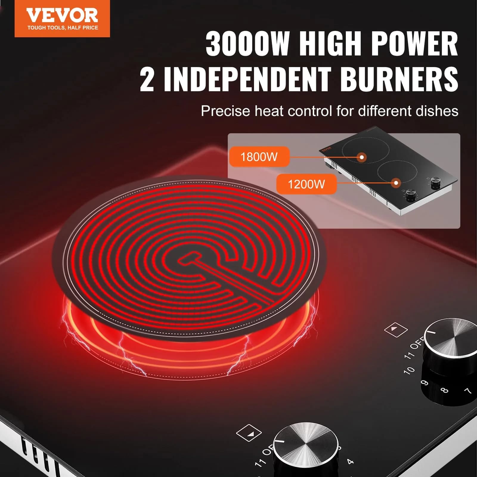 VEVOR 12-inch Built-in Electric Ceramic Cooktop 3000W | 220V Compatible with 11 Heat Levels - view 2