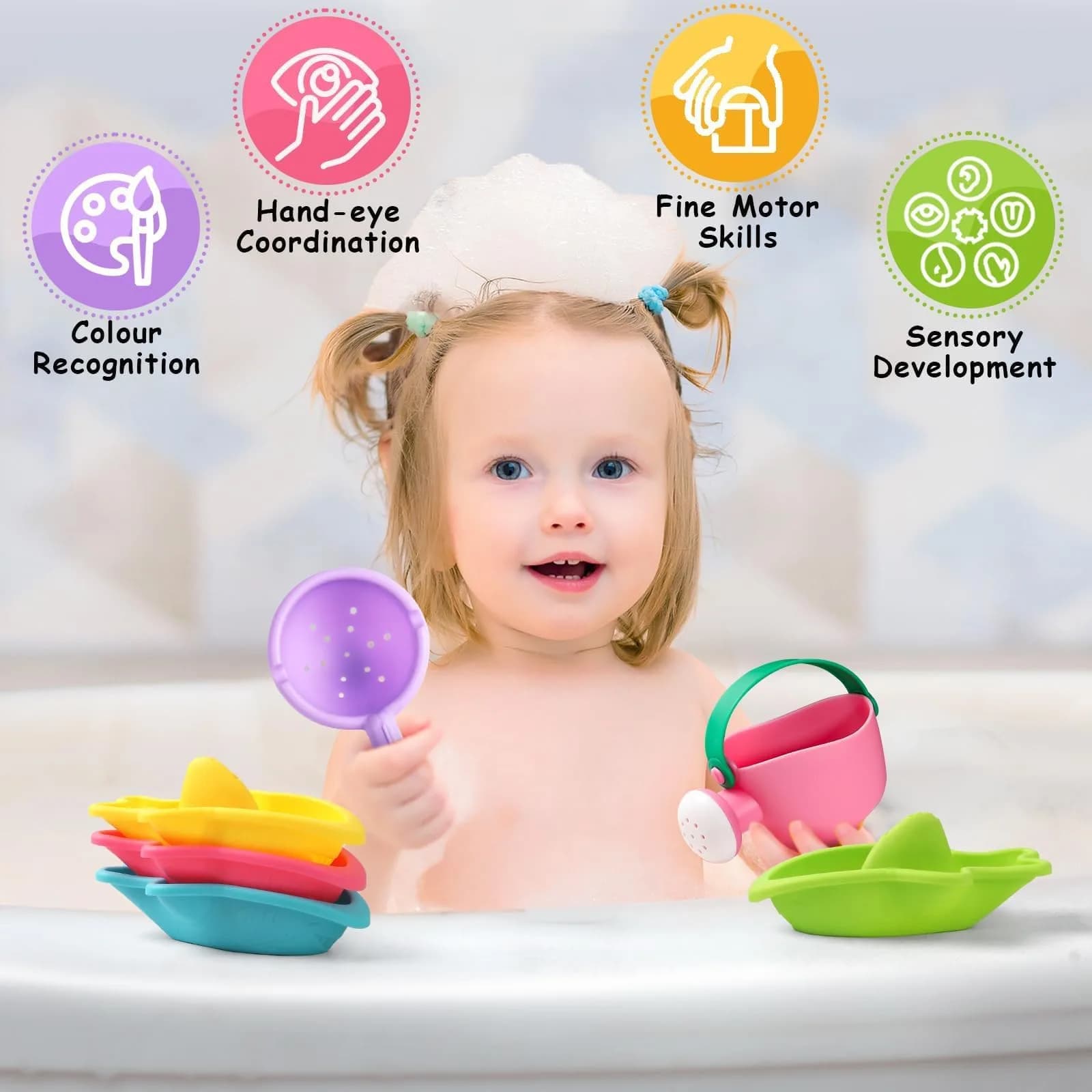 Fajiabao Bath Toys for Kids Ages 1-3, Toddler Bath Toys Mold Free Stacking Boat Water Table Pool Sand Bathtub Sensory Toys (6-Piece Set) - view 6