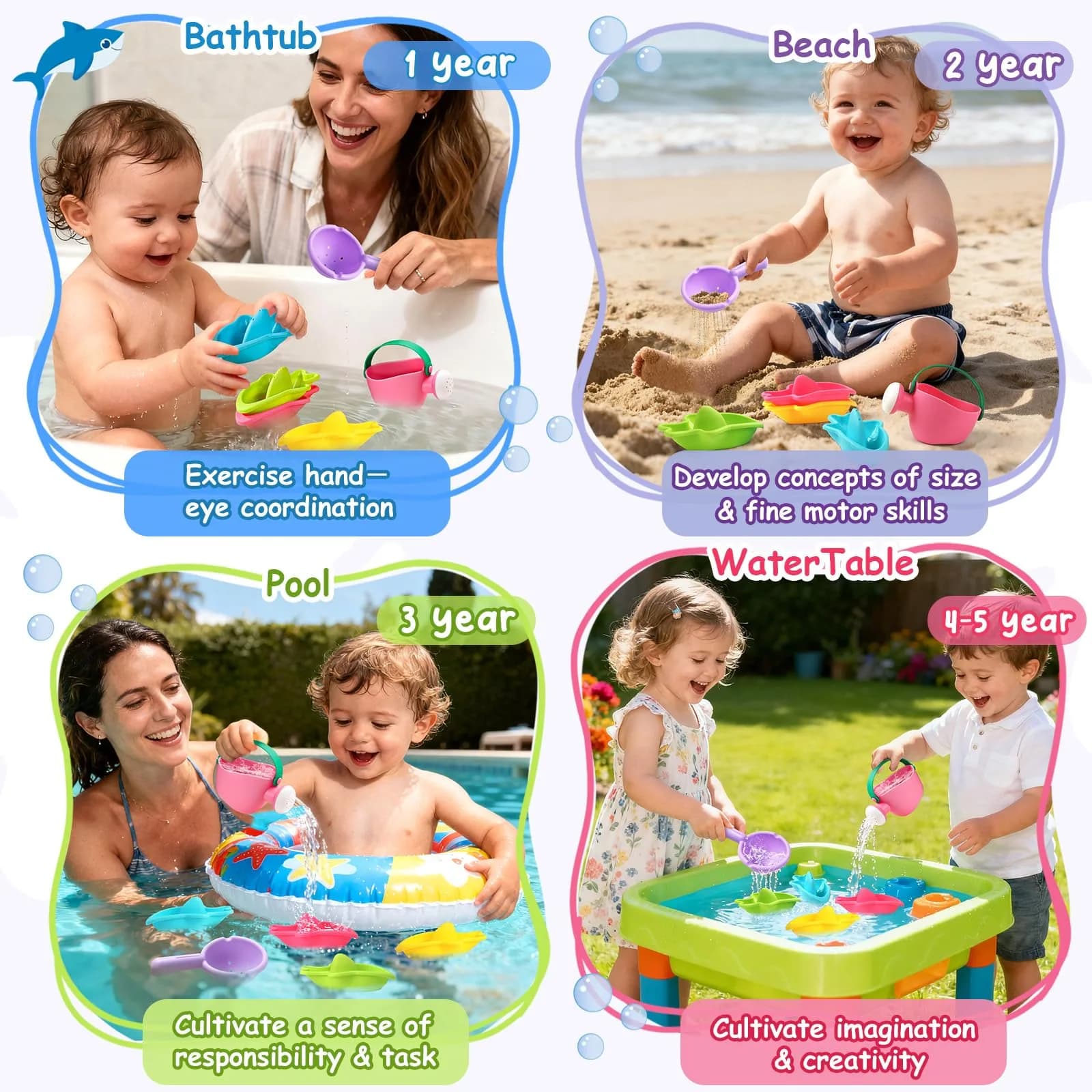 Fajiabao Bath Toys for Kids Ages 1-3, Toddler Bath Toys Mold Free Stacking Boat Water Table Pool Sand Bathtub Sensory Toys (6-Piece Set) - view 2