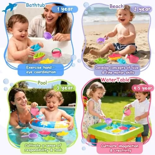 Fajiabao Mold-Free Baby Bath Toys 6-Piece Set | Stackable Shark Boats, Watering Can & Scoop for Toddlers Ages 1-3 thumbnail 2