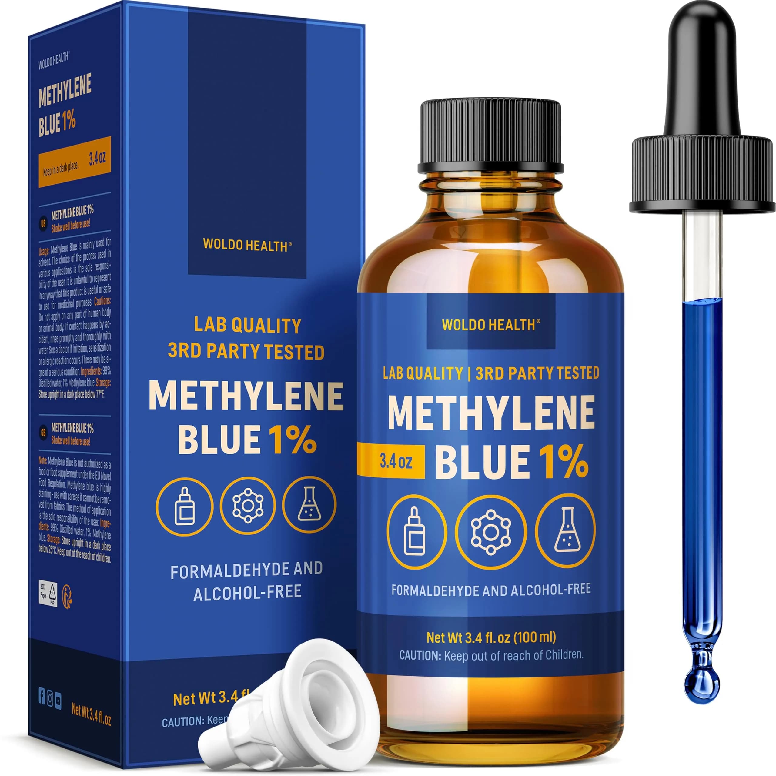 WoldoHealth Methylene Blue 1% Drops 3.4 Fl Oz | USP Pharmaceutical Grade Laboratory Reagent - main product image