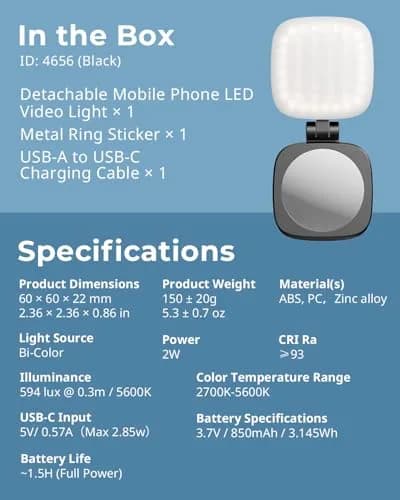 SMALLRIG Magnetic Selfie Light for iPhone, Phone Light with Mirror, Black | 6cm (2.36in) Compact LED Video Light thumbnail 9