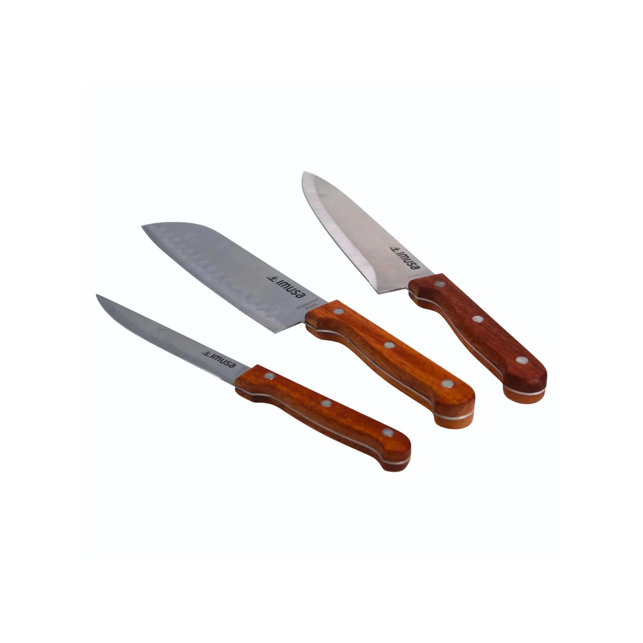 Imusa 3-Piece Stainless Steel Knife Set with Wood Handle | 8-inch Chef Knife, 7-inch Santoku, 5-inch Utility — 7.9"