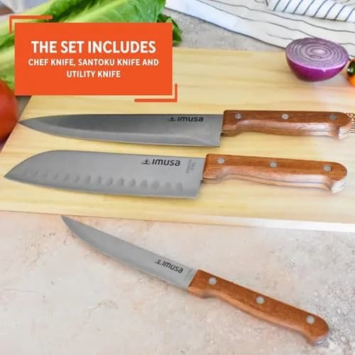 Imusa 3-Piece Stainless Steel Knife Set with Wood Handle | 8-inch Chef Knife, 7-inch Santoku, 5-inch Utility thumbnail 4