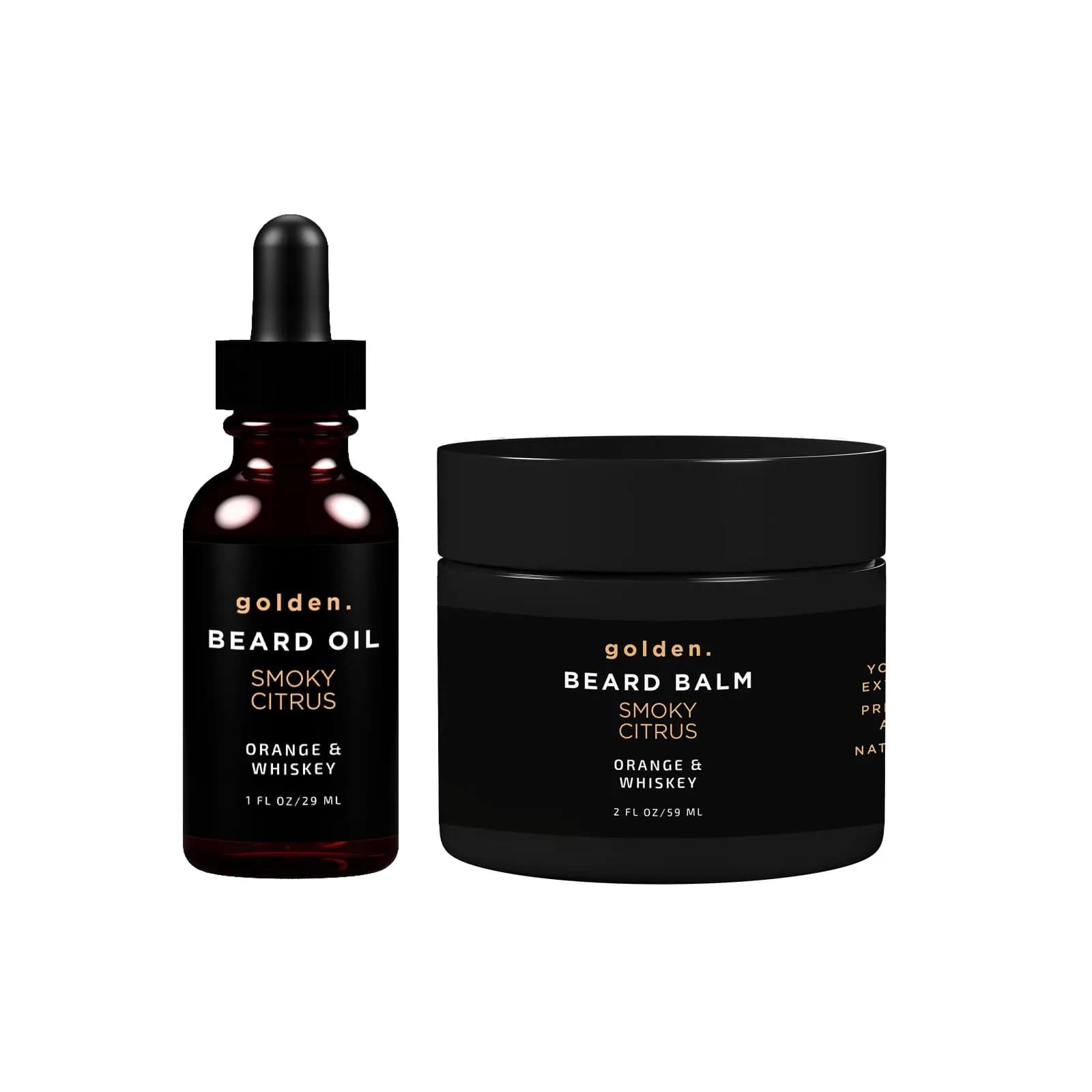 Golden Grooming Beard Bundle for Black Men - Natural Growth Kit with 2oz Balm & 1oz Oil - Shea Butter Conditioner - Smoky Citrus (Regular)