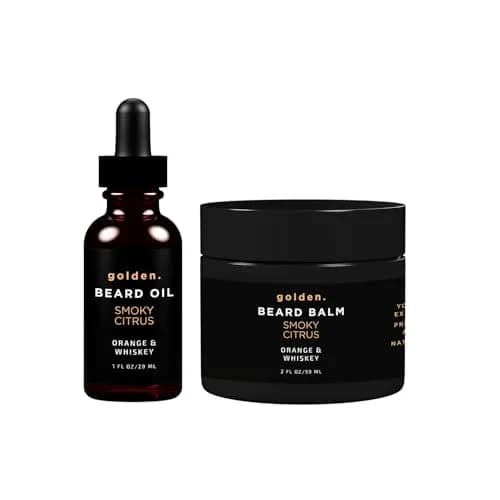 Golden Grooming Beard Bundle for Black Men - Natural Growth Kit with 2oz Balm & 1oz Oil - Shea Butter Conditioner - Smoky Citrus (Regular) thumbnail 1