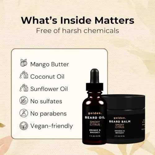 Golden Grooming Beard Bundle for Black Men - Natural Growth Kit with 2oz Balm & 1oz Oil - Shea Butter Conditioner - Smoky Citrus (Regular) thumbnail 5