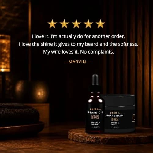 Golden Grooming Beard Bundle for Black Men - Natural Growth Kit with 2oz Balm & 1oz Oil - Shea Butter Conditioner - Smoky Citrus (Regular) thumbnail 9