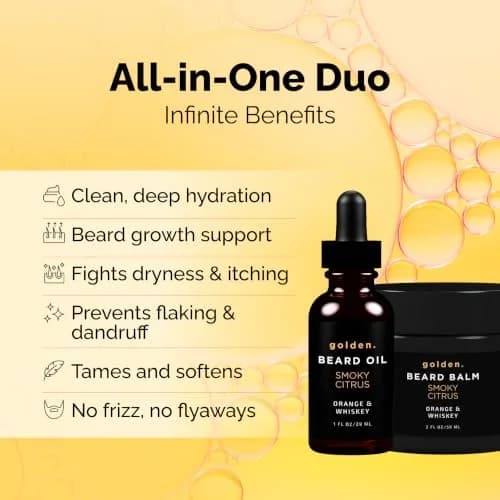 Golden Grooming Beard Bundle for Black Men - Natural Growth Kit with 2oz Balm & 1oz Oil - Shea Butter Conditioner - Smoky Citrus (Regular) thumbnail 2
