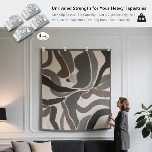 Doselves White Metal Tapestry Hanging Clamps 4 Pack | Heavy Duty Textile Art Hangers for Rugs and Carpets thumbnail 3