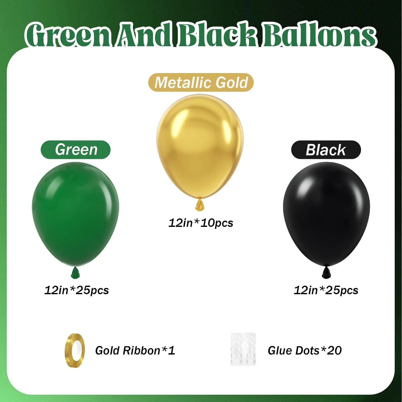 awenztech Green Black Gold Balloons 12inch (Pack of 62) | Assorted Colors for Party Planners - view 2