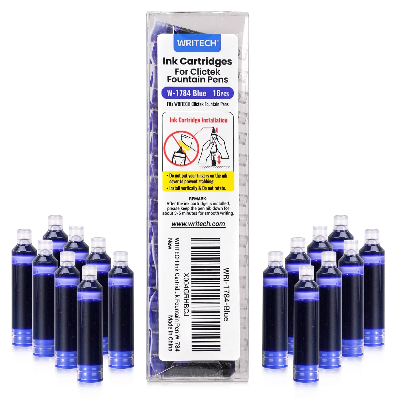 WRITECH W-1784 Cartridge Black Ink 16ct | Long-Lasting, Smooth Flow for Fountain Pens — Blue