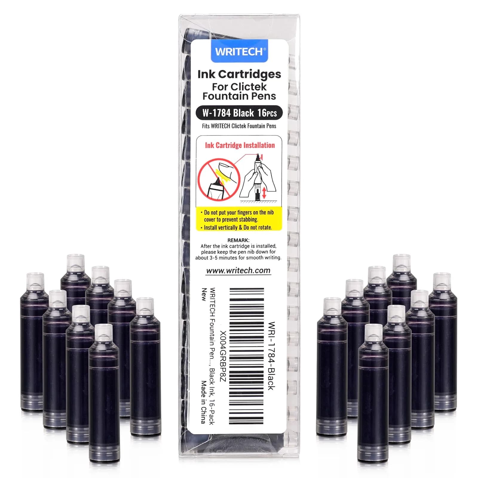 WRITECH W-1784 Cartridge Black Ink 16ct | Long-Lasting, Smooth Flow for Fountain Pens — Black