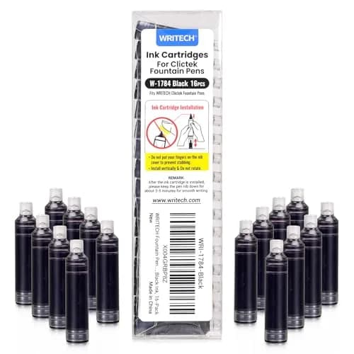 WRITECH W-1784 Cartridge Black Ink 16ct | Long-Lasting, Smooth Flow for Fountain Pens thumbnail 1