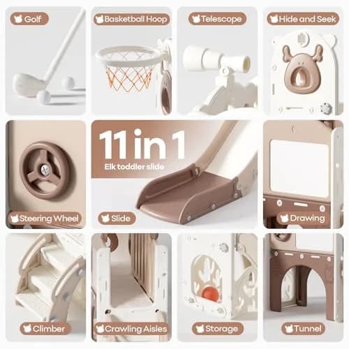 mloong Toddler Slide 11 in 1 Kids Play Set | Indoor & Outdoor with Basketball & Drawing (54×62×39in) thumbnail 4