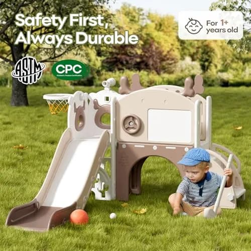 mloong Toddler Slide 11 in 1 Kids Play Set | Indoor & Outdoor with Basketball & Drawing (54×62×39in) thumbnail 5