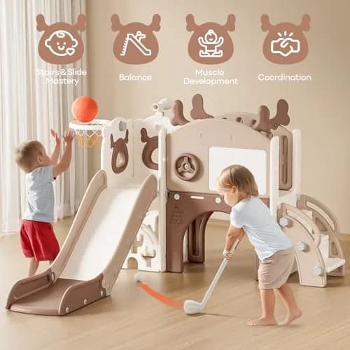 mloong Toddler Slide 11 in 1 Kids Play Set | Indoor & Outdoor with Basketball & Drawing (54×62×39in) thumbnail 2