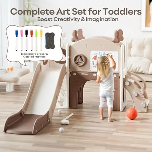 mloong Toddler Slide 11 in 1 Kids Play Set | Indoor & Outdoor with Basketball & Drawing (54×62×39in) thumbnail 3