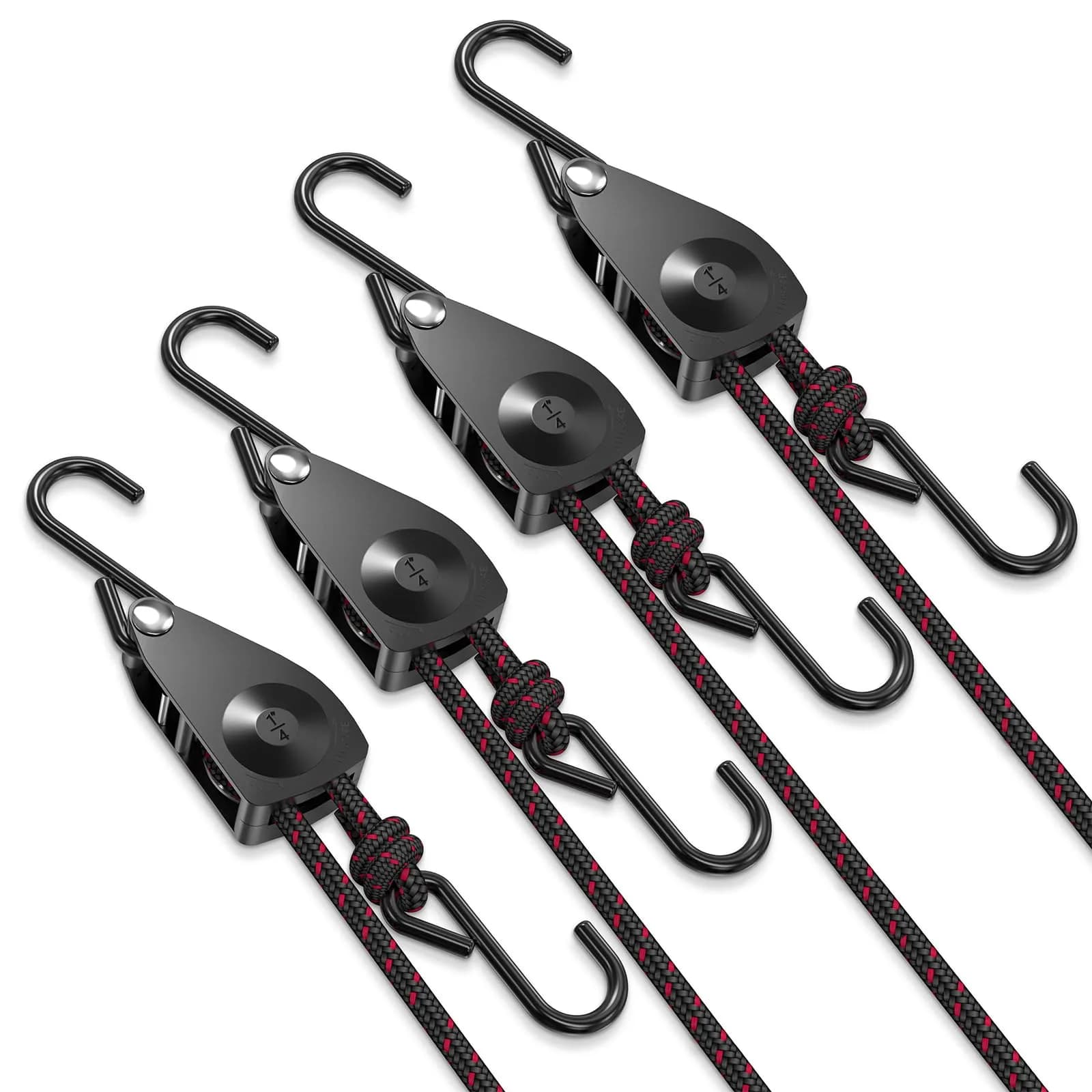 VIPARSPECTRA 1/4" Heavy Duty Ratchet Tie Down Straps, 12FT Rope Hangers (4-Pack, Black) | 150 lbs WLL Per Ratchet - main product image