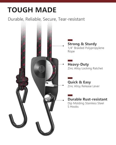 VIPARSPECTRA 1/4" Heavy Duty Ratchet Tie Down Straps, 12FT Rope Hangers (4-Pack, Black) | 150 lbs WLL Per Ratchet thumbnail 4
