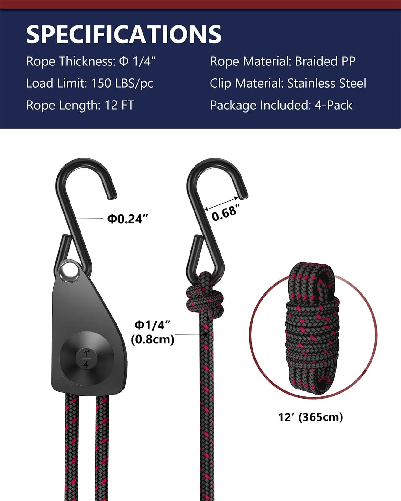 VIPARSPECTRA 1/4" Heavy Duty Ratchet Tie Down Straps, 12FT Rope Hangers (4-Pack, Black) | 150 lbs WLL Per Ratchet - view 7
