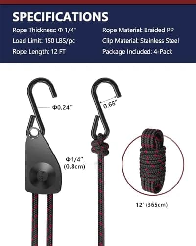 VIPARSPECTRA 1/4" Heavy Duty Ratchet Tie Down Straps, 12FT Rope Hangers (4-Pack, Black) | 150 lbs WLL Per Ratchet thumbnail 7