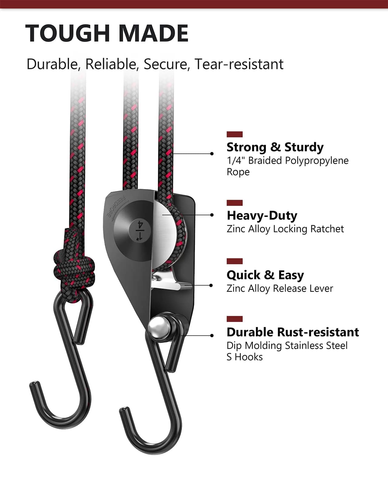 VIPARSPECTRA 1/4" Heavy Duty Ratchet Tie Down Straps, 12FT Rope Hangers (4-Pack, Black) | 150 lbs WLL Per Ratchet - view 4