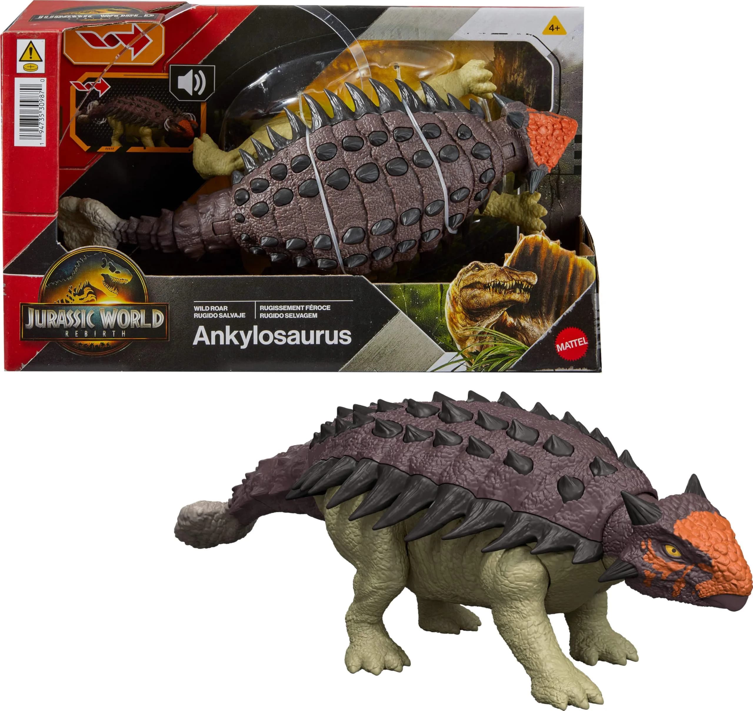 Mattel Jurassic World Rebirth Wild Roar Dinosaur Toy, 9.6 inch | Posable Ankylosaurus with Attack & Sound - main product image