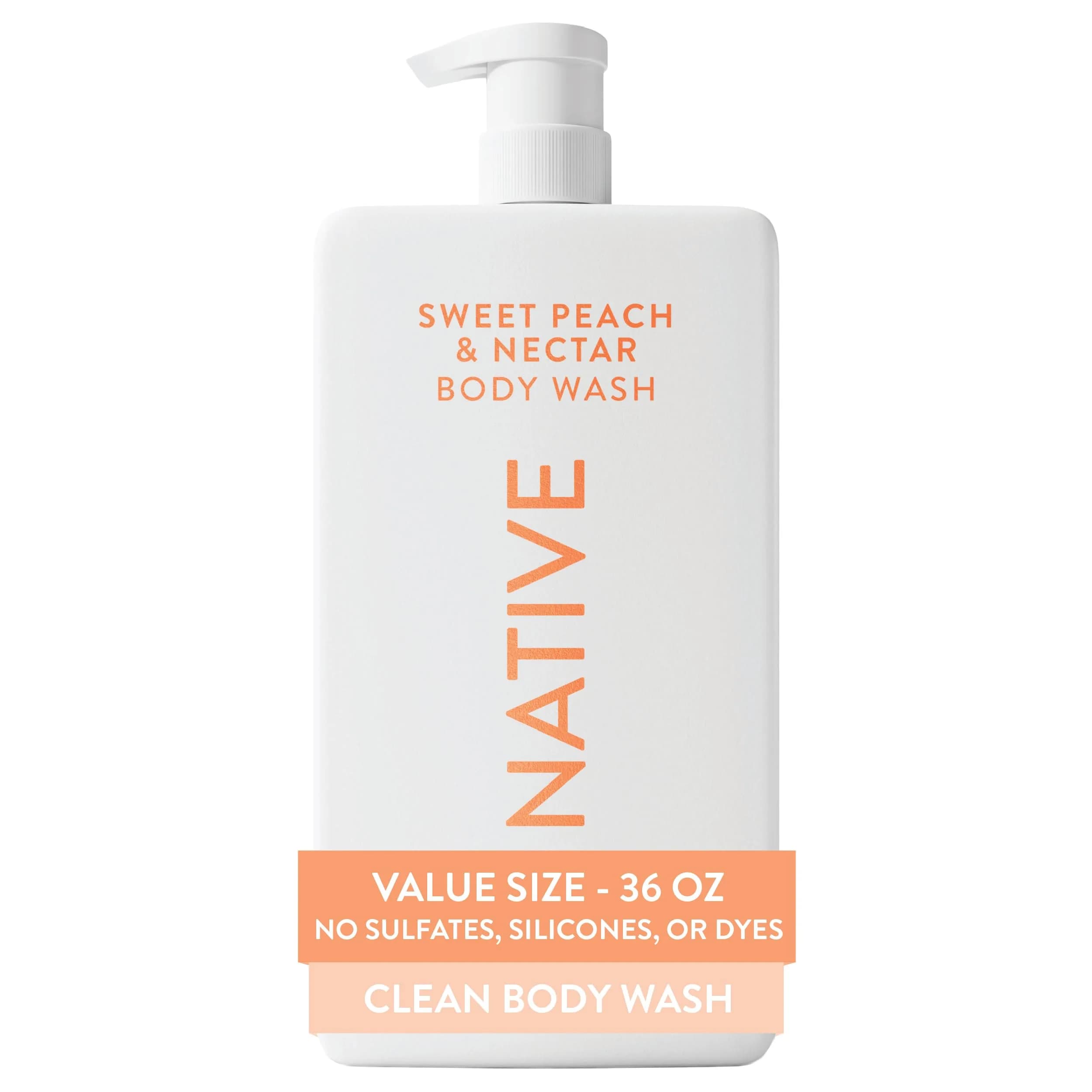 Native Clean Body Wash Sweet Peach & Nectar 1065ml (36 Fl Oz) | Gentle pH-Balanced for Sensitive Skin