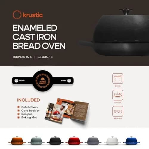 Krustic Enameled Cast Iron Dutch Oven for Sourdough Bread | 6 Quart Round Pot with Lid | 10 Inch Black thumbnail 5