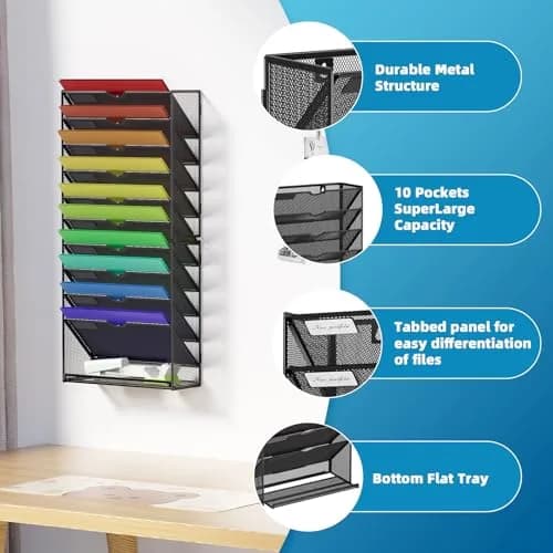 Marbrasse 11-Tier Hanging Wall File Organizer Black | Mesh Wall Mount Paper Sorter for Office Home Documents thumbnail 3