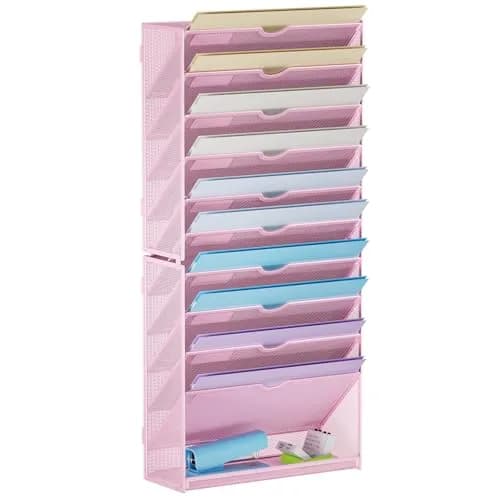 Marbrasse 11-Tier Hanging Wall File Organizer Pink | Metal Mesh Document Holder for Office & Home thumbnail 1