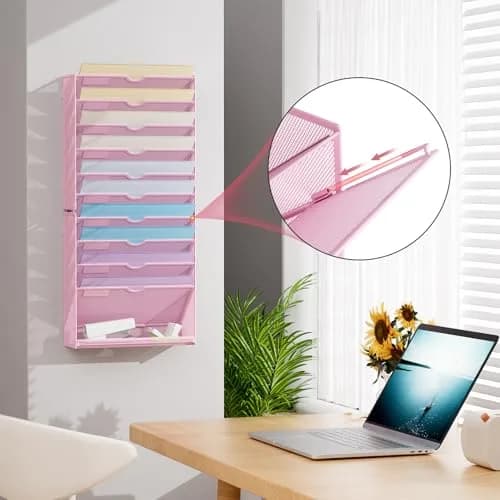 Marbrasse 11-Tier Hanging Wall File Organizer Pink | Metal Mesh Document Holder for Office & Home thumbnail 5