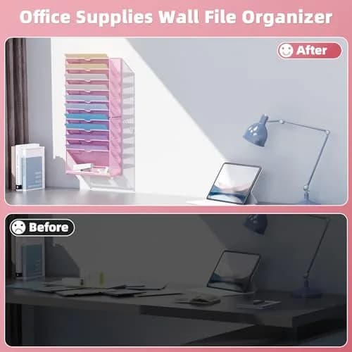 Marbrasse 11-Tier Hanging Wall File Organizer Pink | Metal Mesh Document Holder for Office & Home thumbnail 6