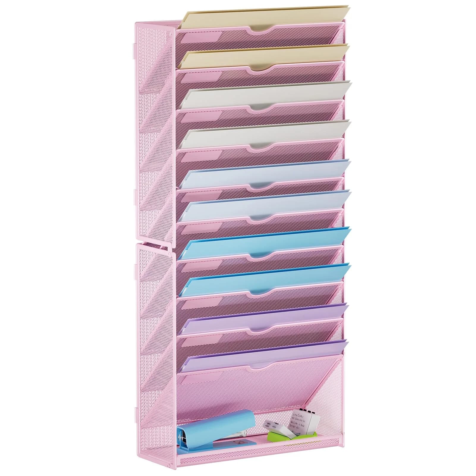 Marbrasse 11-Tier Hanging Wall File Organizer Pink | Metal Mesh Document Holder for Office & Home