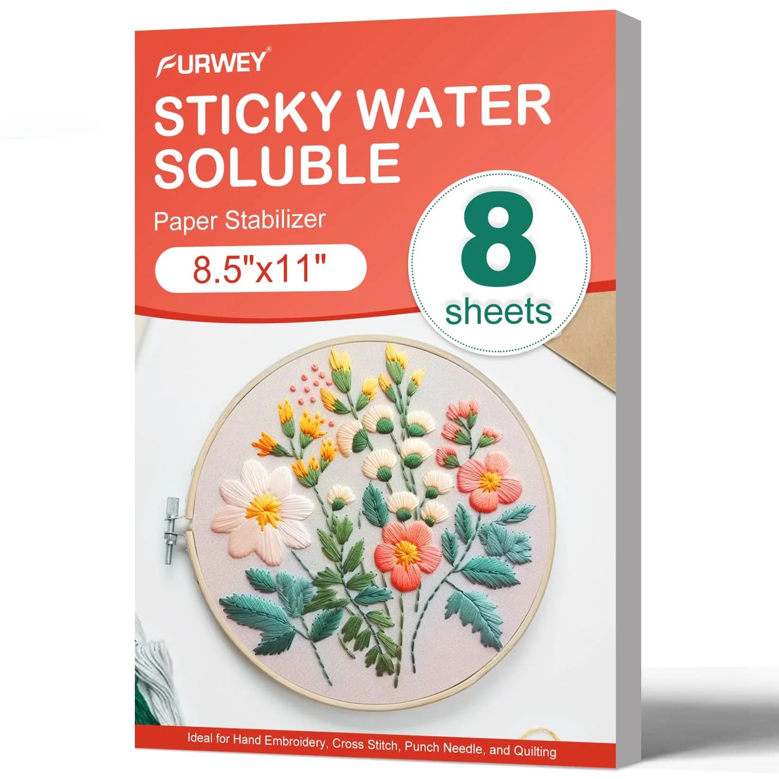 FURWEY Water Soluble Stabilizer for Embroidery,8PCS 8.5x11,Self Adhesive | Wash Away, Printable & Versatile