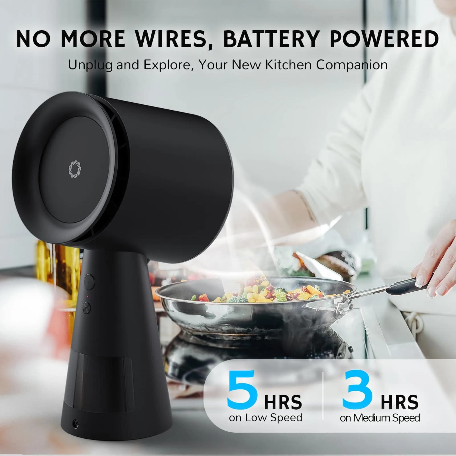 AIRTHEREAL Rechargeable Portable Range Hood RH180B Black, Battery Powered Desktop Exhaust Fan with 3-Fan Speeds and Large Oil Collection Cup for RV Cooking thumbnail 3