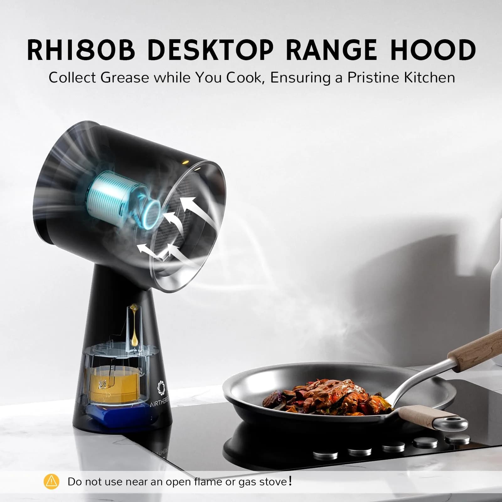 AIRTHEREAL Rechargeable Portable Range Hood RH180B Black, Battery Powered Desktop Exhaust Fan with 3-Fan Speeds and Large Oil Collection Cup for RV Cooking thumbnail 5